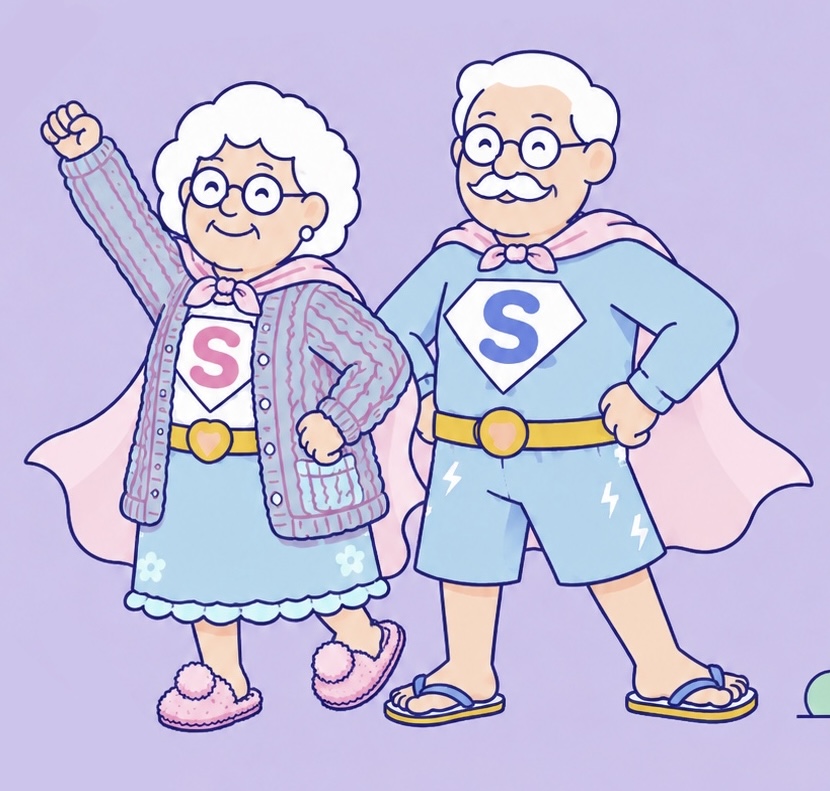 Illustration de deux personnes âgées en cape de super-héros, sourire aux lèvres